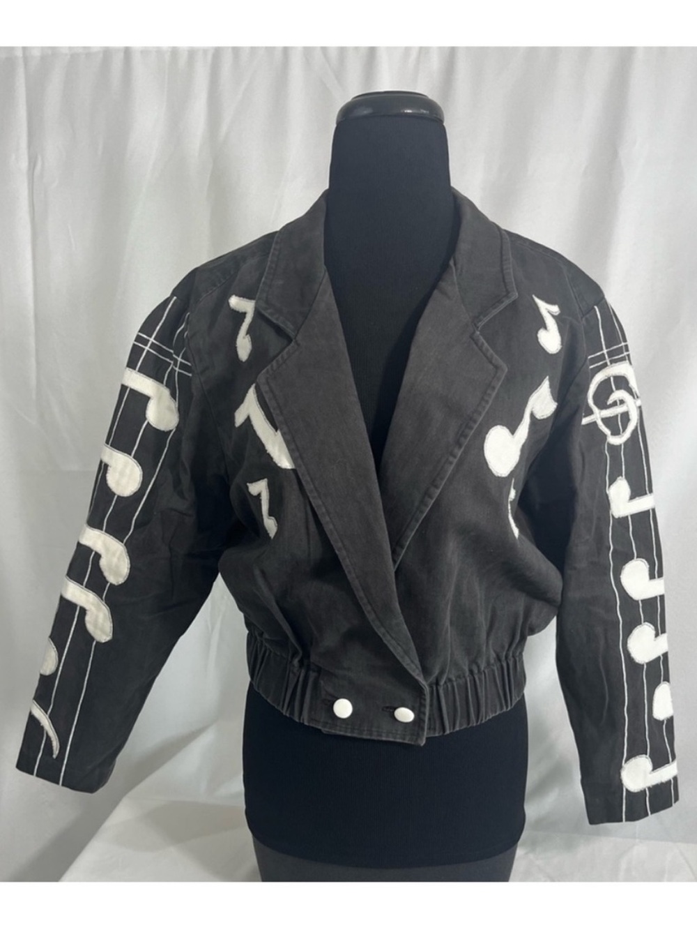 Vintage 80s Music Note Cropped Jacket Small Black White Band Graphic